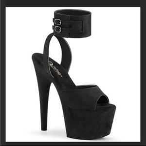 Black Velvet Pleaser With Ankle Cuff Seven Inch Heel in Size 6